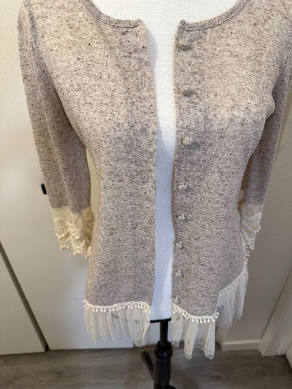 Light tan brown Lace-Trim Button Cardigan Sweater - Picture 2 of 10